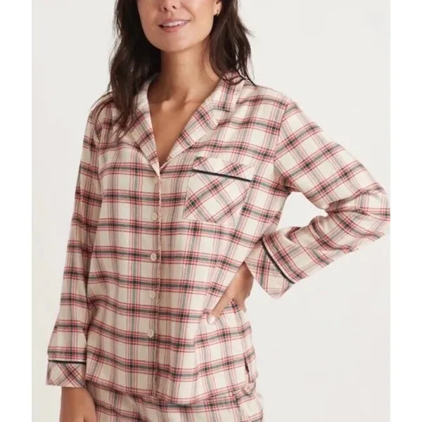 Marine Layer Pajama Size Medium Flannel Classic PJ Top in Red Cream Plaid #N4-5‎ - Image 10