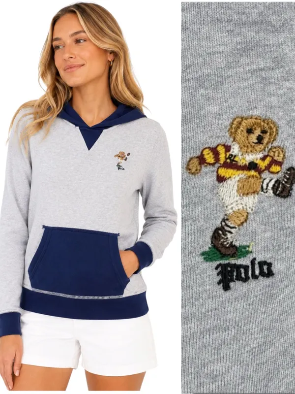 Polo Ralph Lauren Kicker Bear Cotton Hoodie Sweatshirt Football Gray Size S/M - Image 11