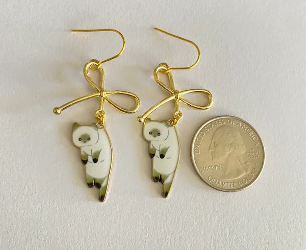 Handmade Kawaii funny cat ribbon dangle earrings✨ - Image 5