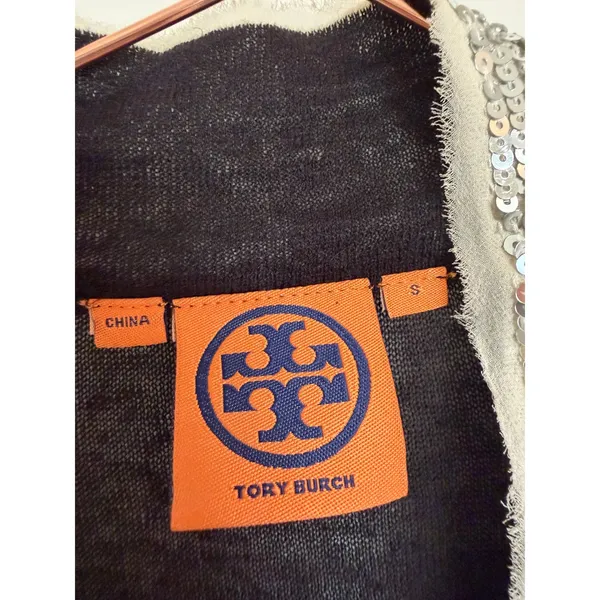 Tory Burch Cardigan Women‎ S Black Sequin Trim Linen Cotton Open Front 20103133 - Image 4