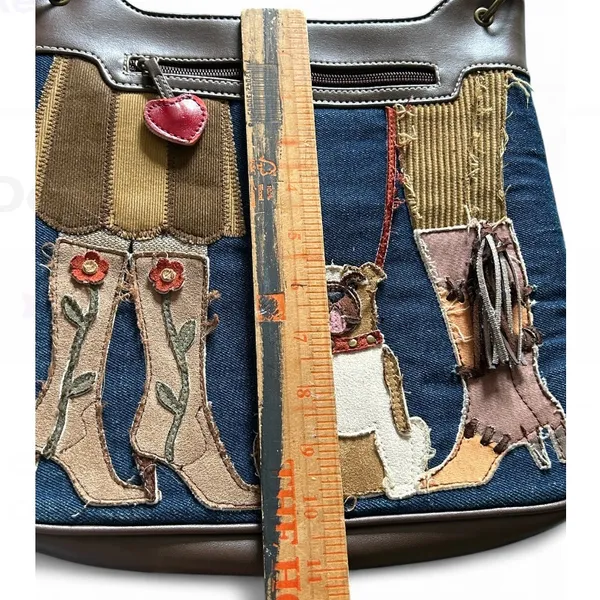 Brown leather jeans base shoulder bag Applique Embroidered Dog Purse Hand Bag. - Image 13