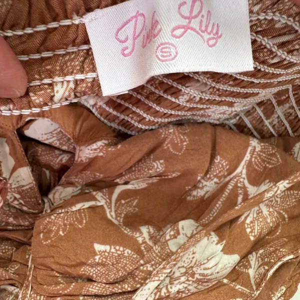 Pink Lily 100% viscose Strapless Floral Dress - Brown and Cream - Image 9