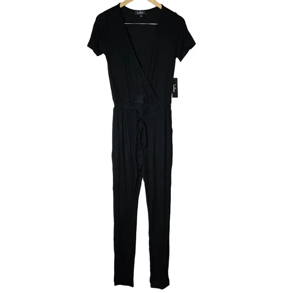 Lulus Sevannah Black Short Sleeve Surplice Jumpsuit 957LU Small - Image 3