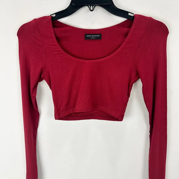 NEW Naked Wardrobe Long Sleeve Cropped Top Burgundy Stretch Viscose XS - Image 3