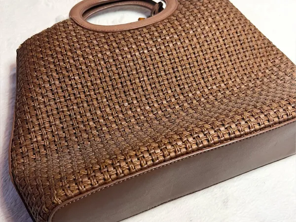 Vintage Fossil Brown Woven Tote Bag with Leather Trim & Logo Key Charm - Image 6