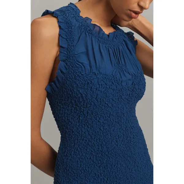By Anthropologie Mock-Neck Textured Smocked Stretch Dress Blue Mini - Image 4