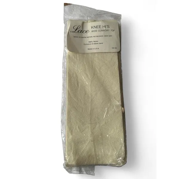 Knee Highs Vintage Ivory Allover Lace Coquette Nylon Stockings Deadstock NOS - Image 4