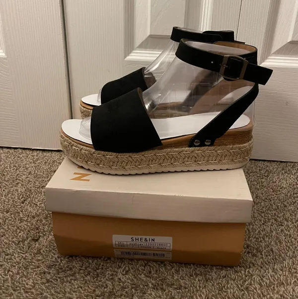 SheIn Black Open Toe Buckle Ankle Strap Espadrilles Flatform Wedge Casual Sandal - Image 10