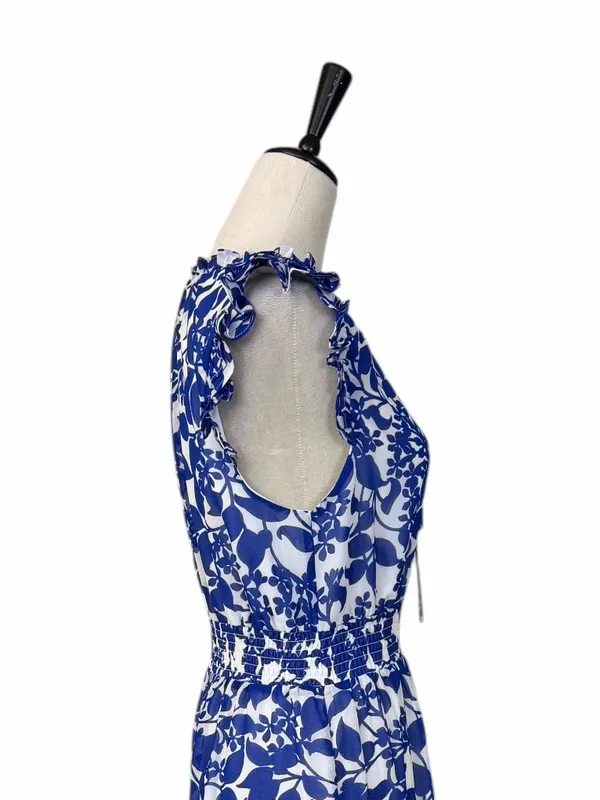 Sugar Lips Midi Dress Size M Floral Ruffle Smocked Tiered Blue White Tie Neck - Image 8