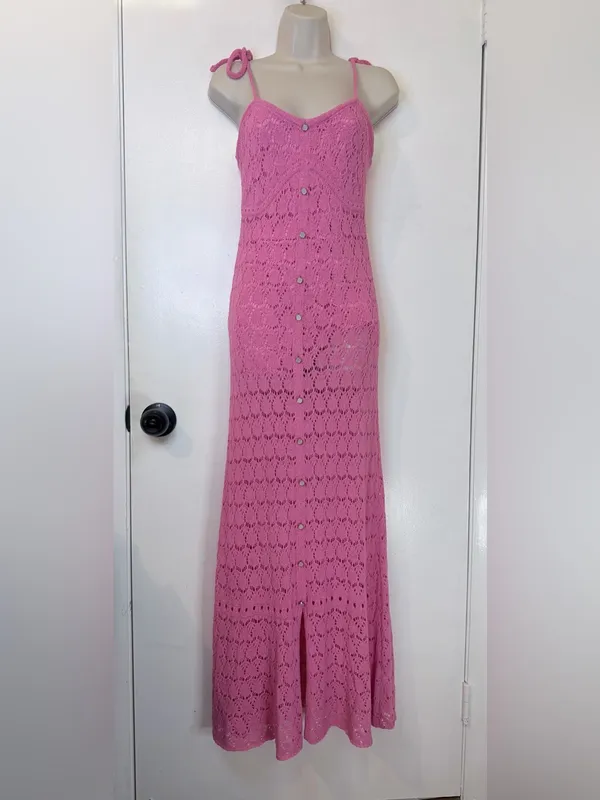 Taelynn Duchessa Pink Knit Maxi Dress Medium Lace Crochet Adjustable Straps NWT - Image 2