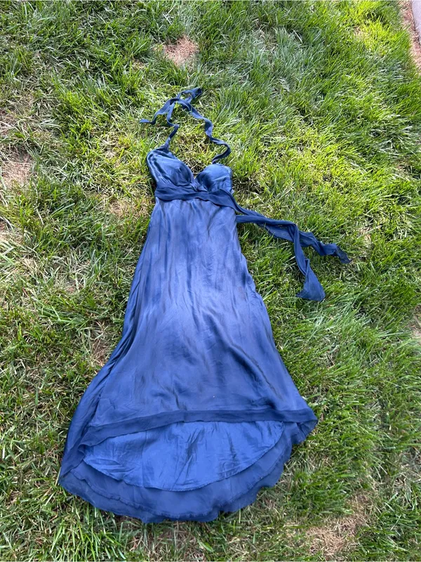 Vintage‎ y2k Cache Silk Halter Dress size 6 blue high low whimsy floral summer - Image 9