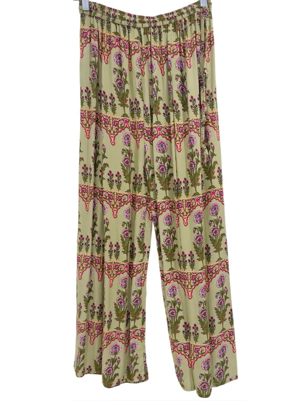 Boho Floral Wide Leg Palazzo Pants Size 38 Sage Green Pink Print Elastic Waist - Image 2