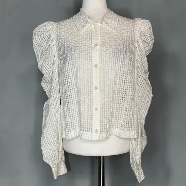 Maeve Anthropologie M White Gingham Seersucker Button-Front Long Puff Sleeve - Image 2
