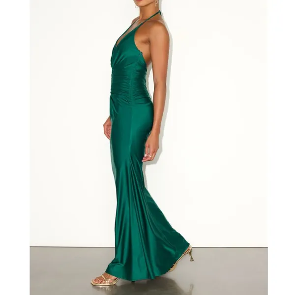 NEW Lulus Zaniya Emerald Green Ruched Halter Open Back Mermaid Maxi Dress XS - Image 4