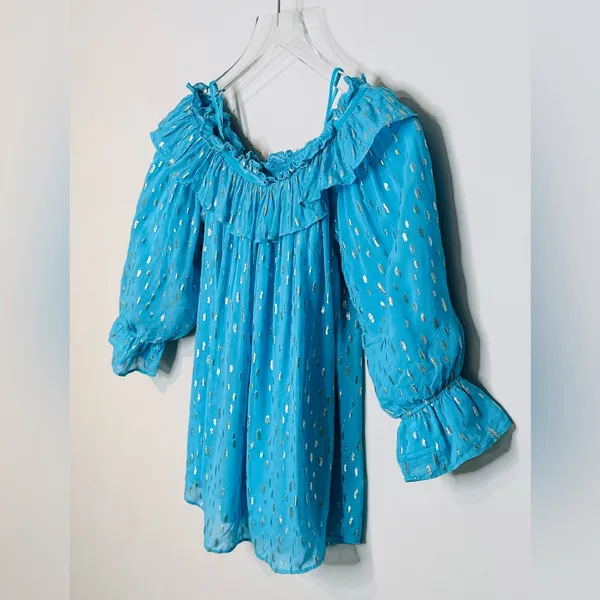 Lilly Pulitzer CeeCee Turquoise Oasis Metallic Off-Shoulder Blouse Shirt Top - Image 6