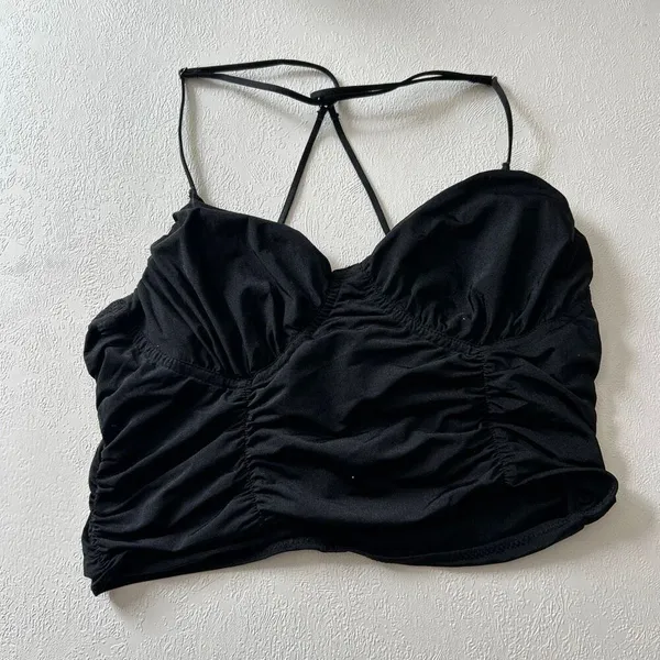 Out From Under Black Ruched Crop Top Size L Y2K Going Out Coquette - Image 2