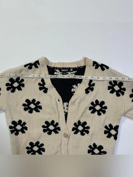DKNY Cream Cropped Button Up Cardigan with Black Flower Print size L - Image 5