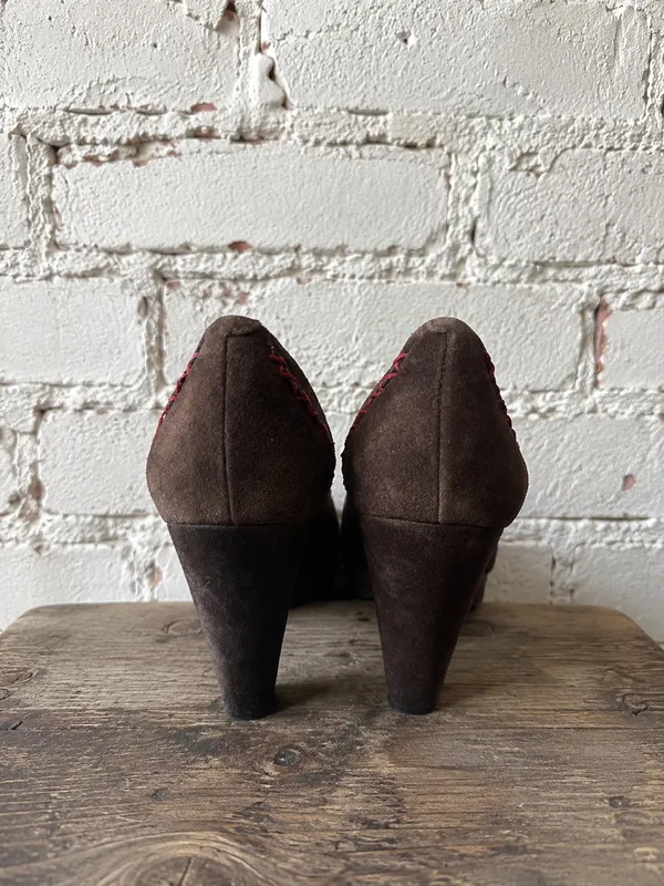 Anthropologie Holding Horses Brown Suede Platform Pumps Whipstitch Heels Sz 8 - Image 2