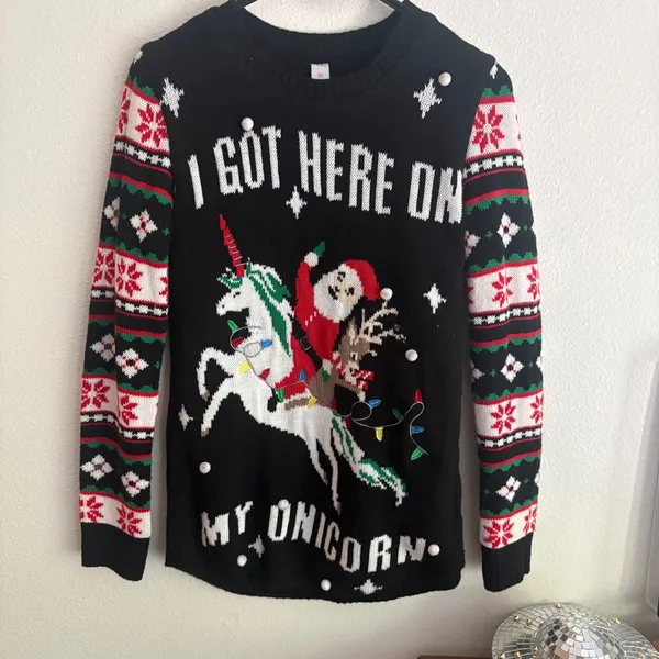 No Boundaries Black Santa Riding Unicorn Ugly Christmas Sweater Pom Poms Medium - Image 3