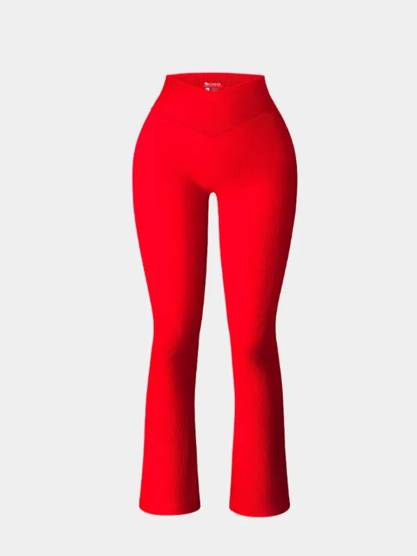 OQQ Ribbed Cross Over High Waist Lounge Pants- Red - Image 2