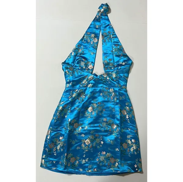 Blue Floral Satin Silk Criss-Cross Halter Mini Dress Size S 💙✨ - Image 3