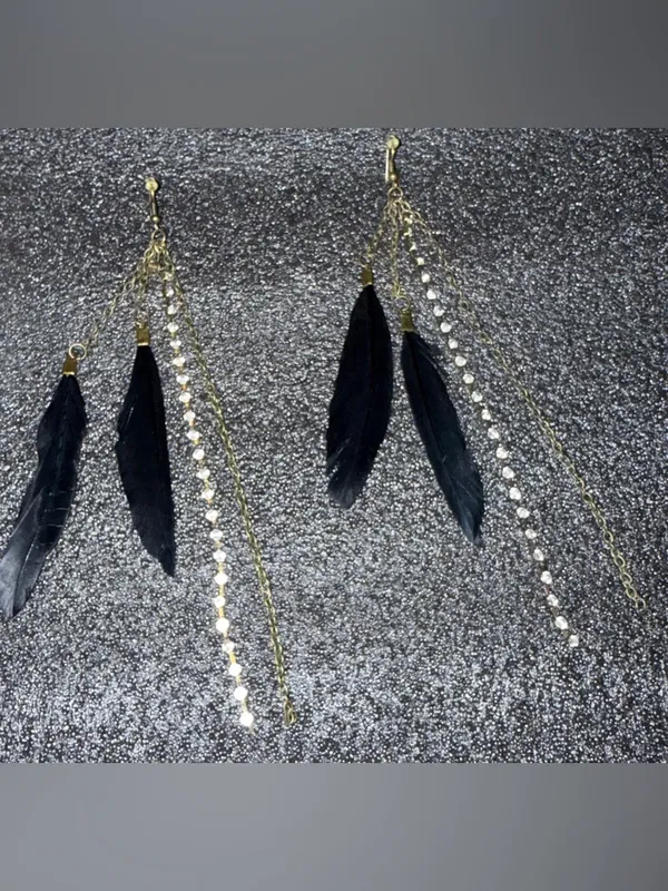 Gold Chain & Black Feather Drop Earrings with Rhinestones - Image 2