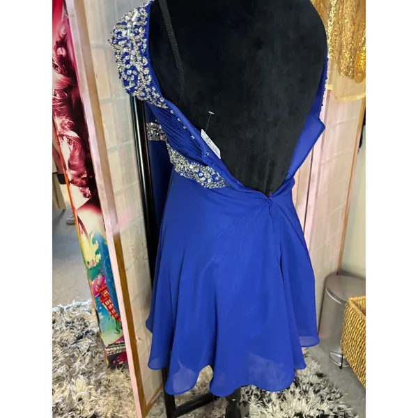 Royal Blue Rhinestone Embellished Chiffon Cocktail Homecoming‎ Dress Cap Sleeve - Image 2
