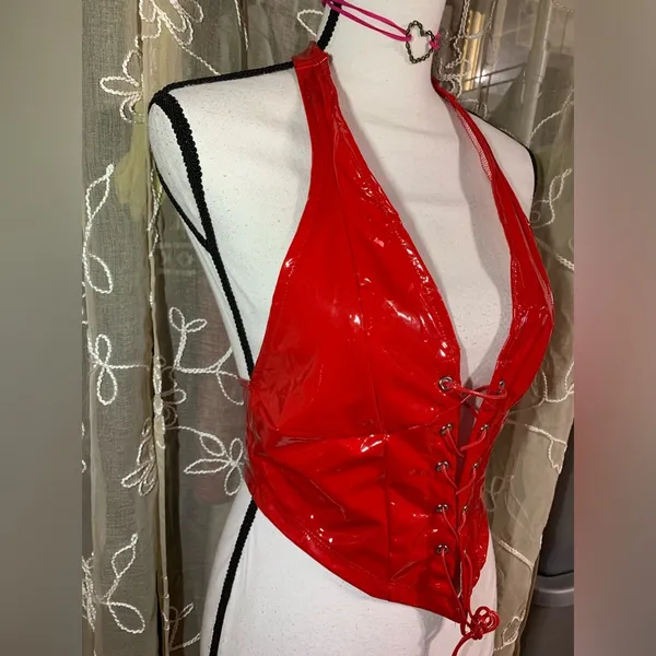 Shein Iconic Red Latex Like Halter Top - Image 3