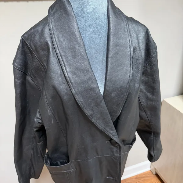 EUC Vintage 90's Y2K Leather Black Trench Coat Jacket Small Button Close Collar - Image 2