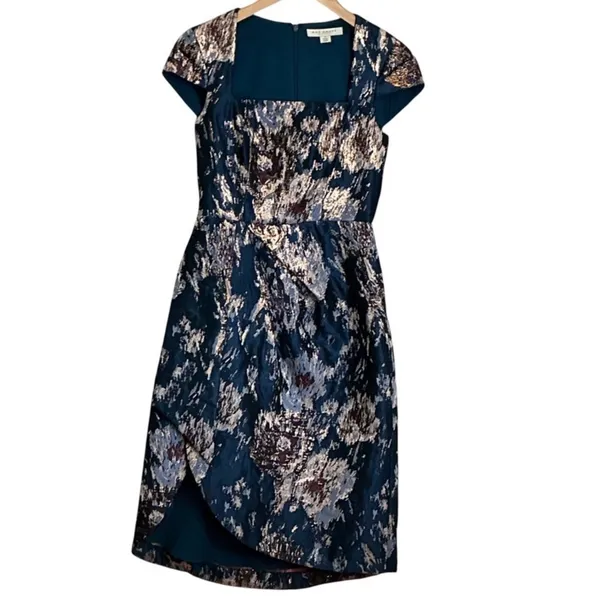 Kay Unger New York Teal Metallic Floral Brocade Tulip Cocktail Dress Size 0 - Image 2