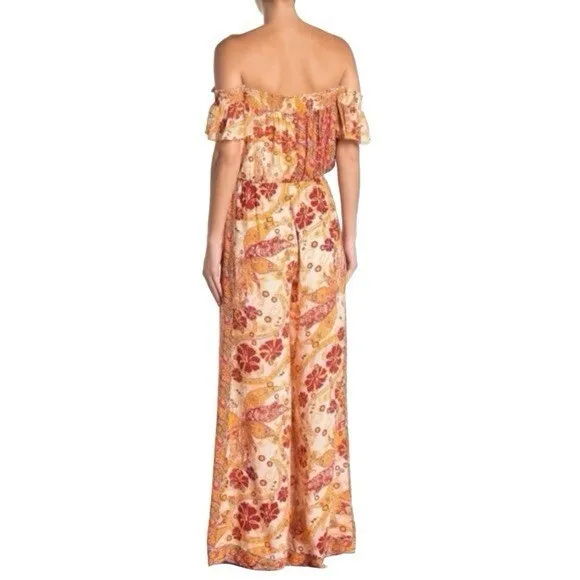 Free People Carmen Boho Floral Orange Jumpsuit Flowy size small - Image 3