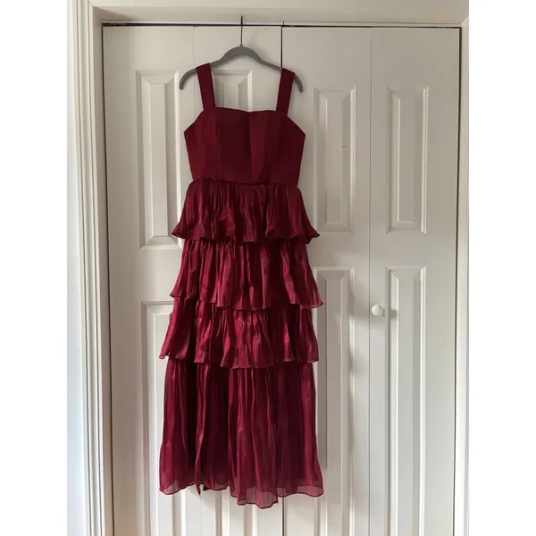 Red Tiered Ruffle Dress With Straps Size 8 - Image 2