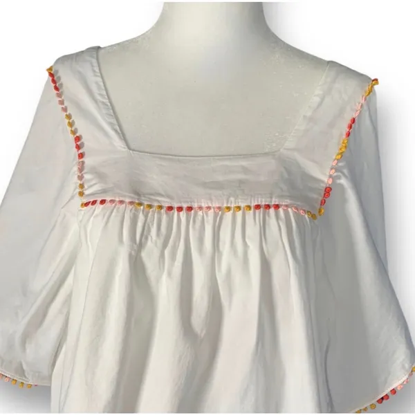 Madewell‎ White Cotton Pom PomTrim Blouse Medium Boho Festival Butterfly Top - Image 6