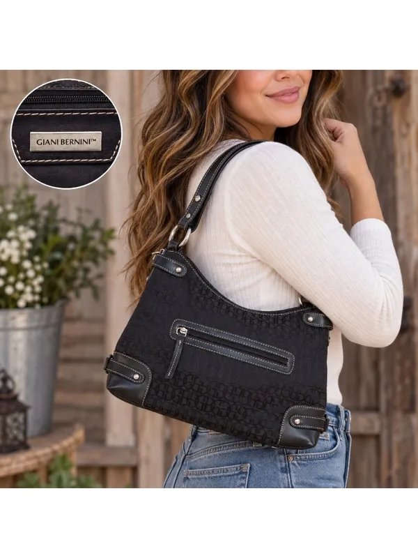 Gianni Bini Black Baguette Signature Print Leather Accent Shoulder Bag Purse - Image 11