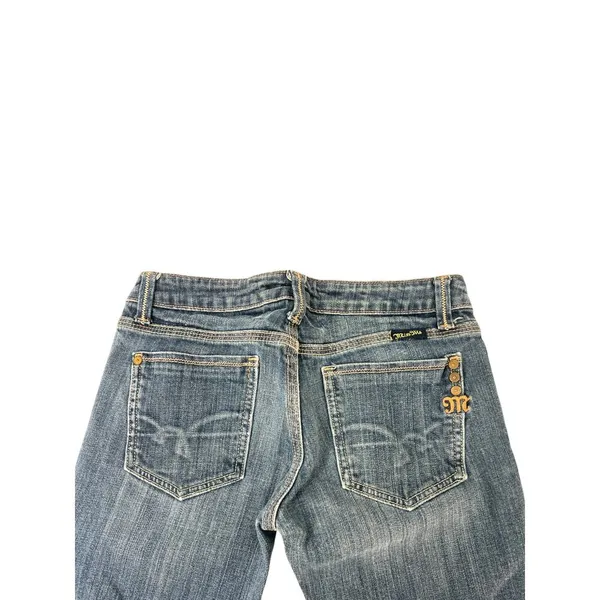 Miss Me 27 Flare Raw Edge Low Rise Denim Jean Embossed Back Pockets 30" Inseam - Image 2