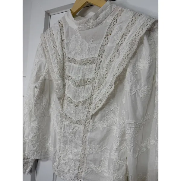 Ultra Pink White Embroidered Lace Victorian Mock Neck Cotton Blouse Top Medium - Image 7