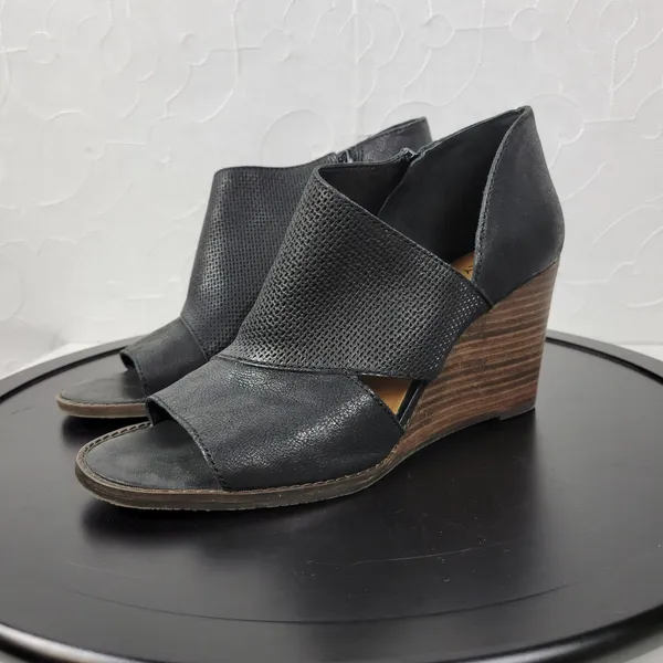 Lucky Brand Jedrek Womens Wedge Size 11 Black Leather Open Toe Slip On Pump Heel - Image 3