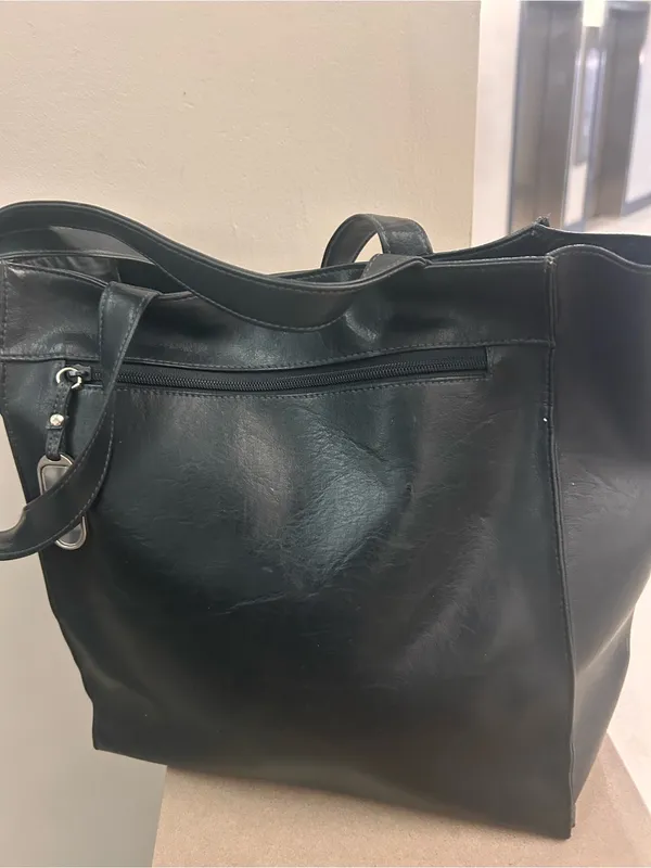 Vintage 80’s Everyday Black Faux-Leather Tote with Front Zip Pocket ta tong - Image 3