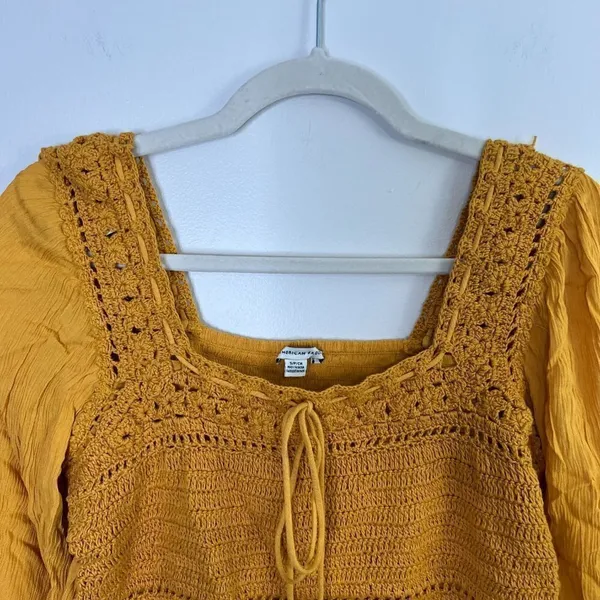 NWT American Eagle Crochet Boho Cropped Ruffle Hem Mustard‎ Yellow Top Blouse - Image 5