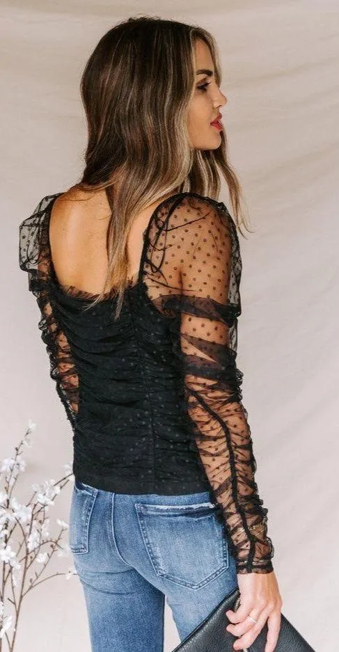 VICI Benefit Polka Dot Ruched Gathered Sleeve Mesh Tulle Top by Free the Roses - Image 3