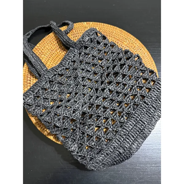 Loulou Studio Black Woven Raffia Tote Bag Embroidered Logo Summer Beach Bag - Image 4