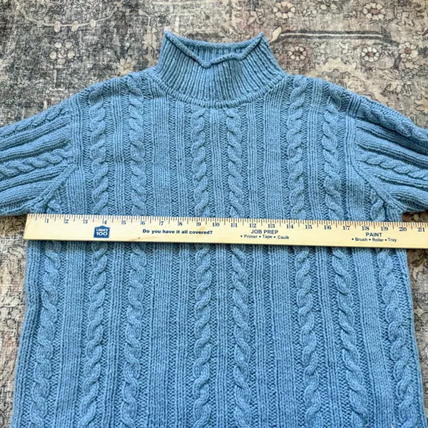 J. Crew Hand Knit Cable Knit Mock Neck Wool Blend Sweater Blue Small - Image 4