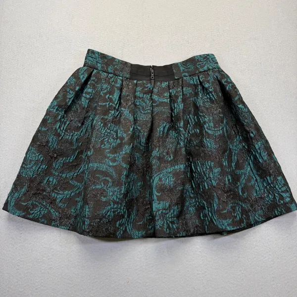 Alice + Olivia Black Teal Metallic Brocade‎ Pleated Mini Skirt estimated S - Image 8