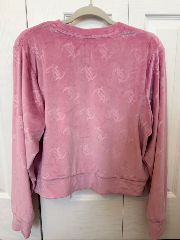 Juicy Couture Pink Velour Rhinestone Logo Pullover Sweatshirt XL - Image 2