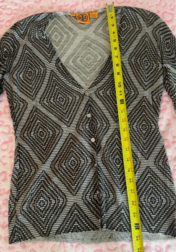 Tory Burch Button Up Cardigan Women's Geometric Sleeve Stretch 100% Wool Size:L - Image 6