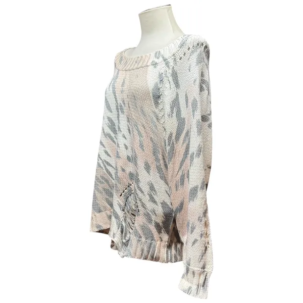 Umgee Distressed Sweater Cream Gray Tan Pink Medium - Image 3
