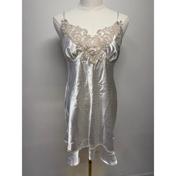 Linea Donatella‎ Ivory Satin Lace Chemise Robe Set Bridal Honeymoon Lingerie M - Image 2