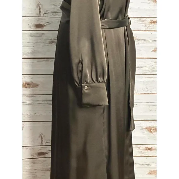 Zara olive green satin grommet detail belted Ring Trim maxi shirtdress Size M - Image 10