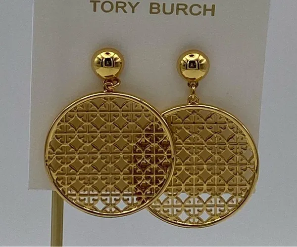 Tory Burch perforated drop earrings, gold plated. New - Image 2