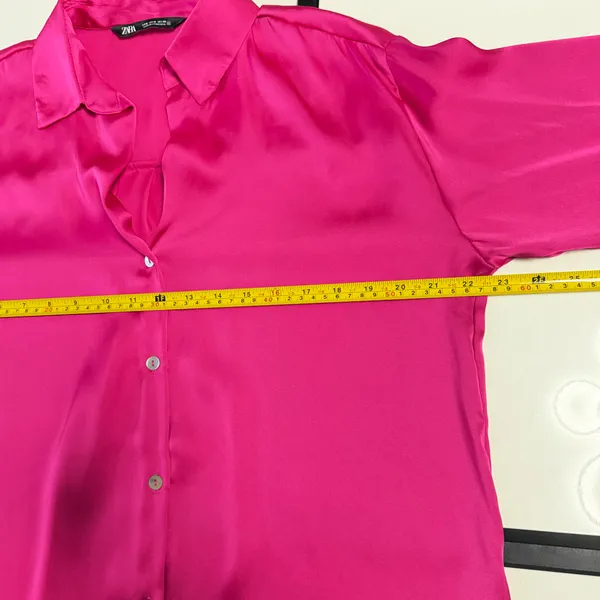 Zara Hot Pink Satin Button-Down Blouse Wide Cuffs Size Medium🎀 - Image 14